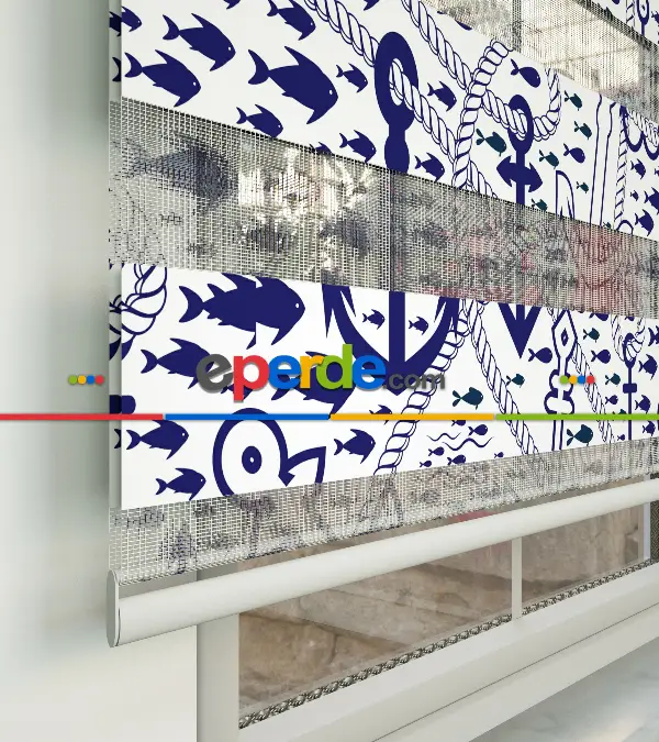 Çapa Baskılı Zebra Perde- Mavi-beyaz