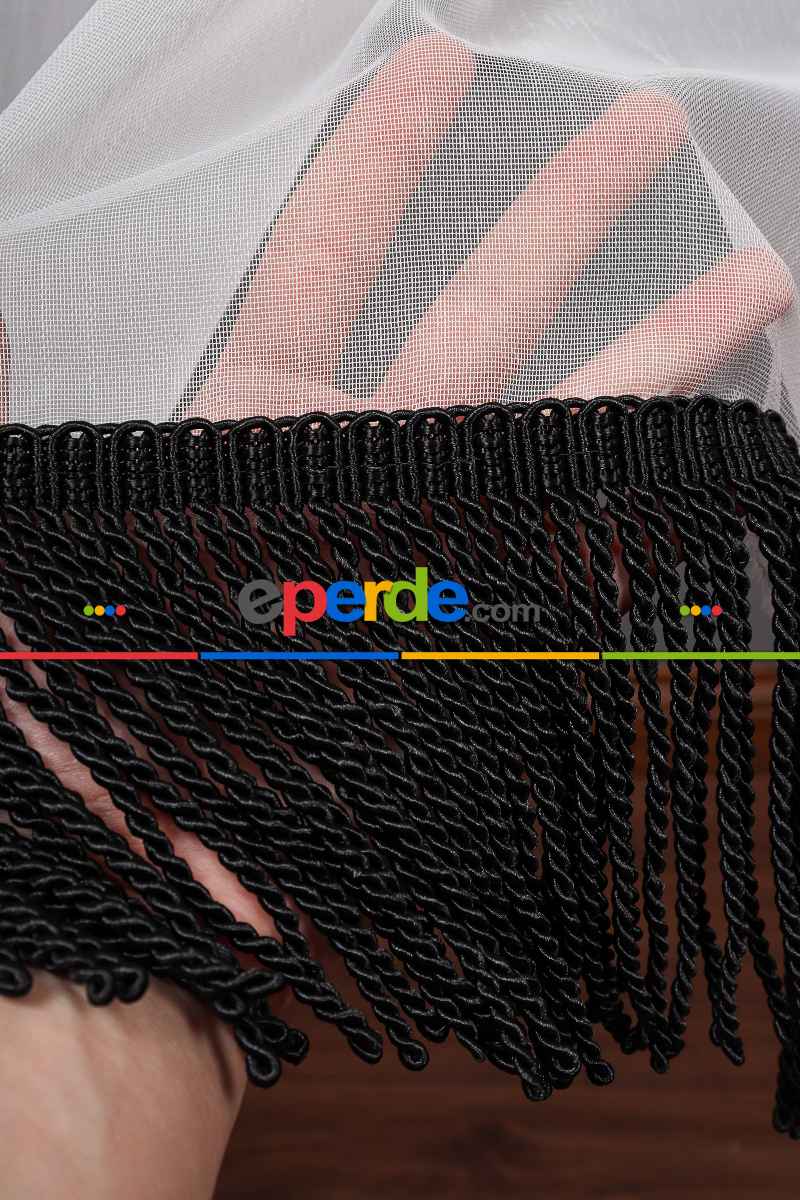 Yeni Trend Eteği Siyah Saçaklı Keten Tül Perde