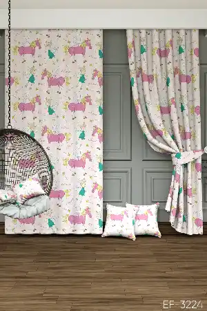 Dökümlü Kumaştan Çocuk Odası - Unicorn Ve Peri Baskılı Fon Perde