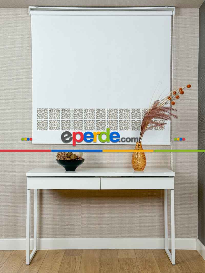 Ekru Lazer Kesimli Stor Perde ( Lazer Kesim Fiyata Dahildir) Metal Kasalı - Yüksek Kalite - Kornişe Kolay Montaj Seçenekli