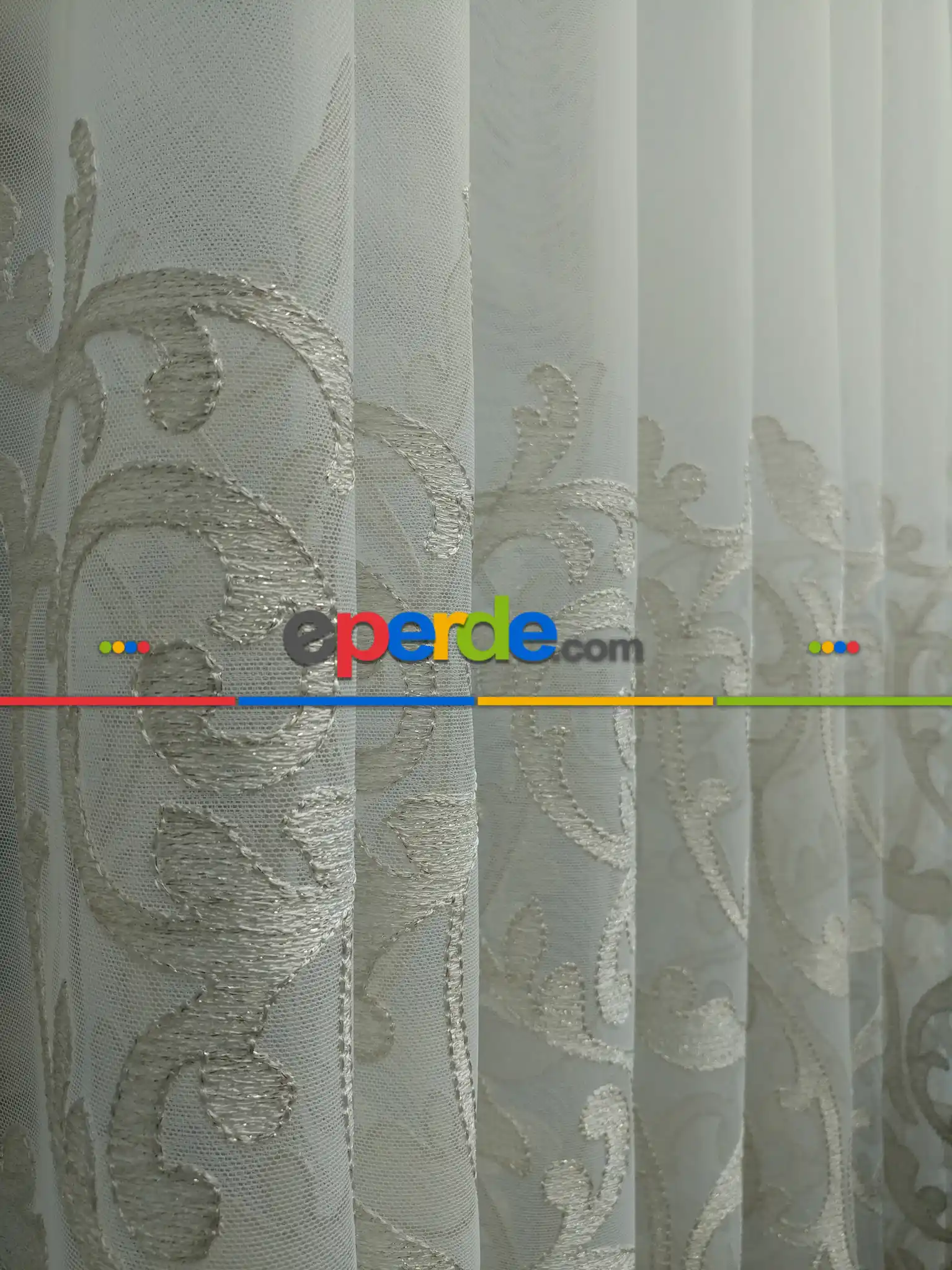 Salon Tül Perde - Eteği Duble Nakış İşlemeli Tül Perde Ikon 2021 -1- Krem