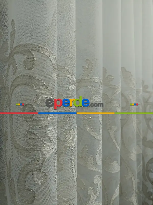 Salon Tül Perde - Eteği Duble Nakış İşlemeli Tül Perde Ikon 2021 -1- Krem