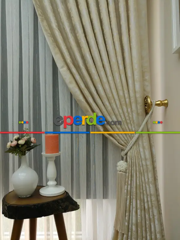 Bej Renk Jakar Desenli Fon Perde- Bej