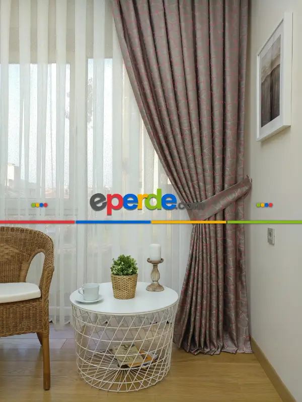 Bej Fuşya Desenli Jakar Fon Perde (285 En)- Fuşya