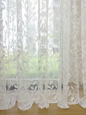 Sarmaşık Yaprak Desenli Özel Örme Dokulu Tül Perde - Ekru