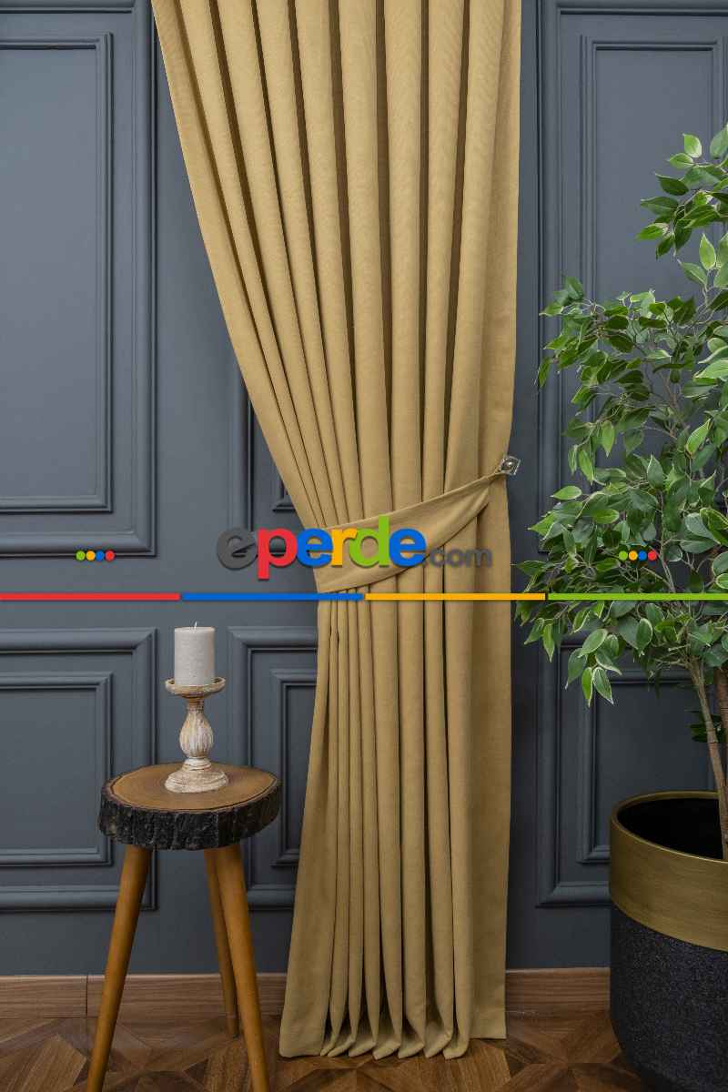 Salon - Bej Rengi Düz Fon Perde Dökümlü Fon Perde 12490