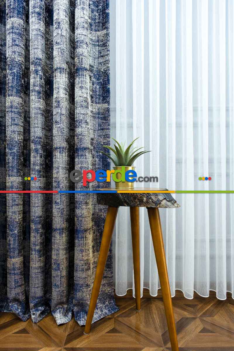 Jakar Desenli Fon Perde- Lacivert-bej