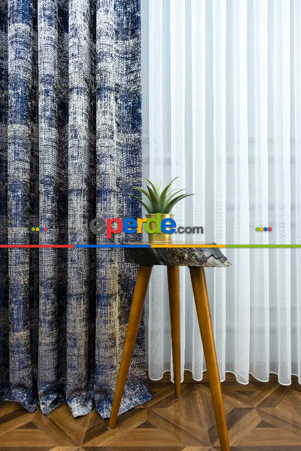 Salon Fon - 2021 Sezonu - Jakar Desenli Fon Perde- Lacivert-Bej