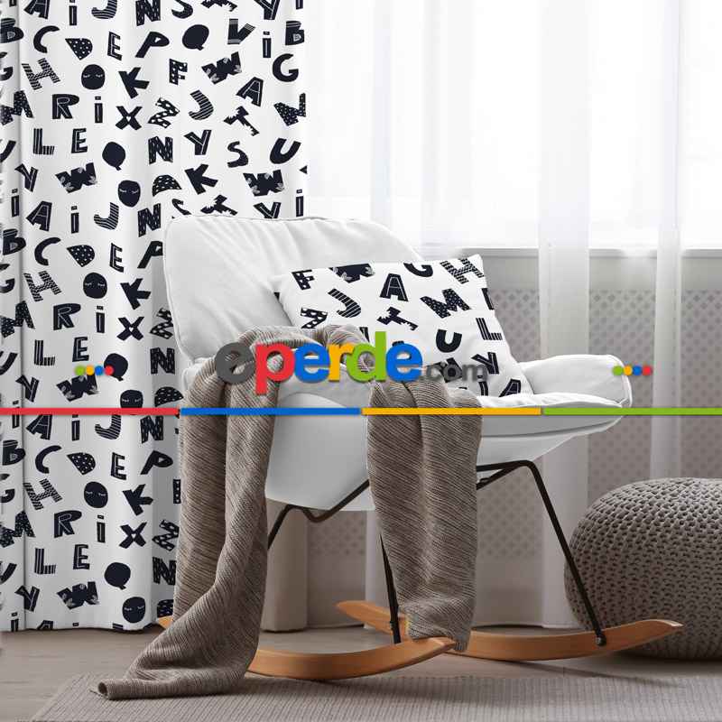 Harf Desenli Fon Perde Evim899 Kumaşı Kalındır Duck Bezi Değildir- Mavi-beyaz