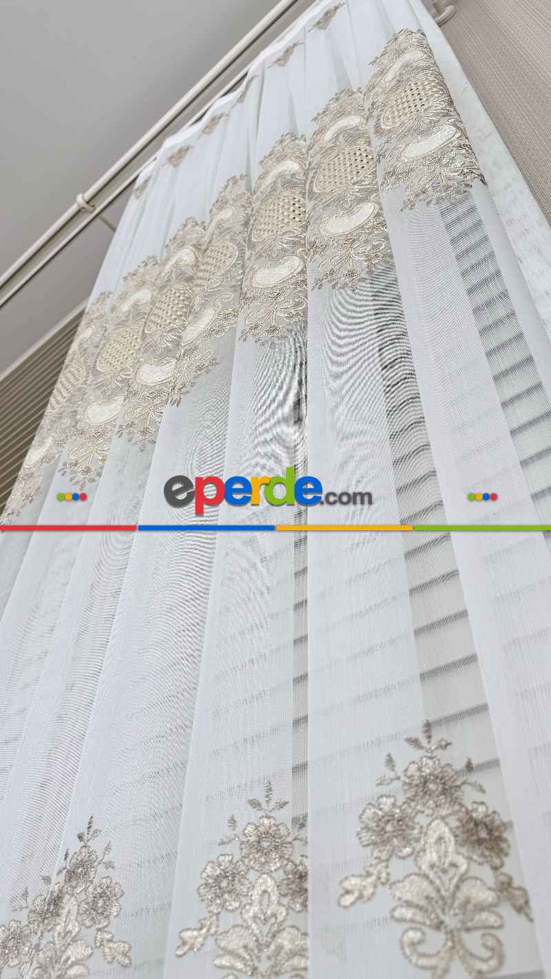 Ekru Altın Özel Dokuma, Özel İplik Brode İşlemeli Tül Perde - Ağır Gramajlı Premium Nakışlı