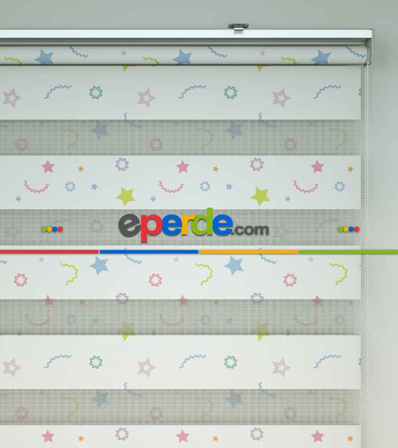 Yıldız Desenli Baskılı Zebra Perde- Çok Renkli