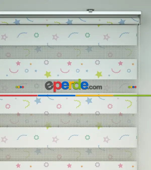 Yıldız Desenli Baskılı Zebra Perde- Çok Renkli