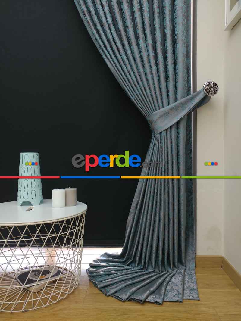 Gri Mint Desenli Jakar Fon Perde - Gri-füme-antrasit-mint