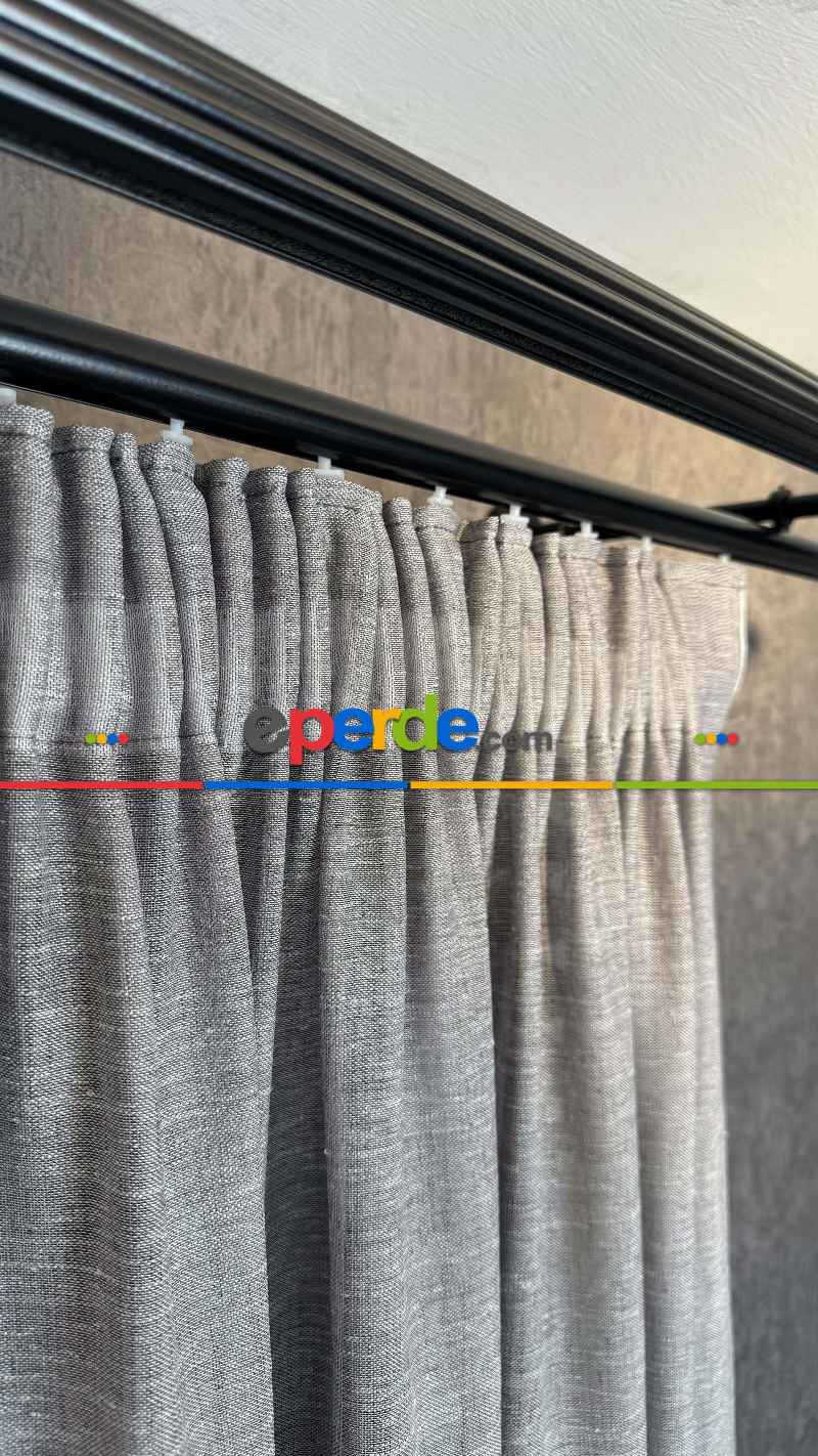 Yatak Odası - Gri, Keten, Büzgülü Ekstraforlu, Düz Tül Perde