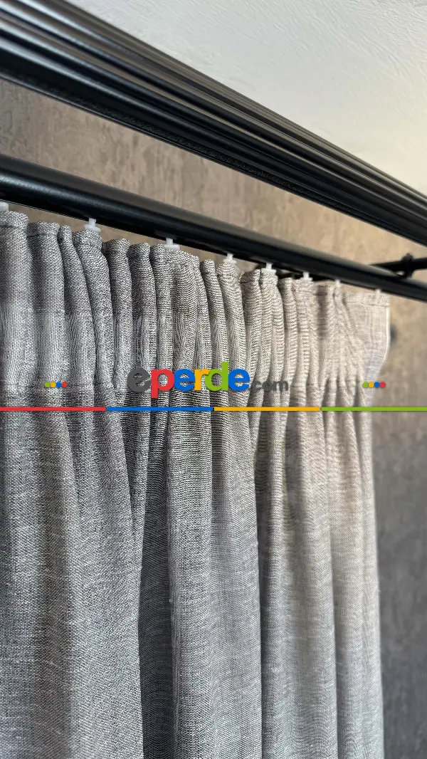 Oturma Odası - Gri, Keten, Büzgülü Ekstraforlu, Düz Tül Perde
