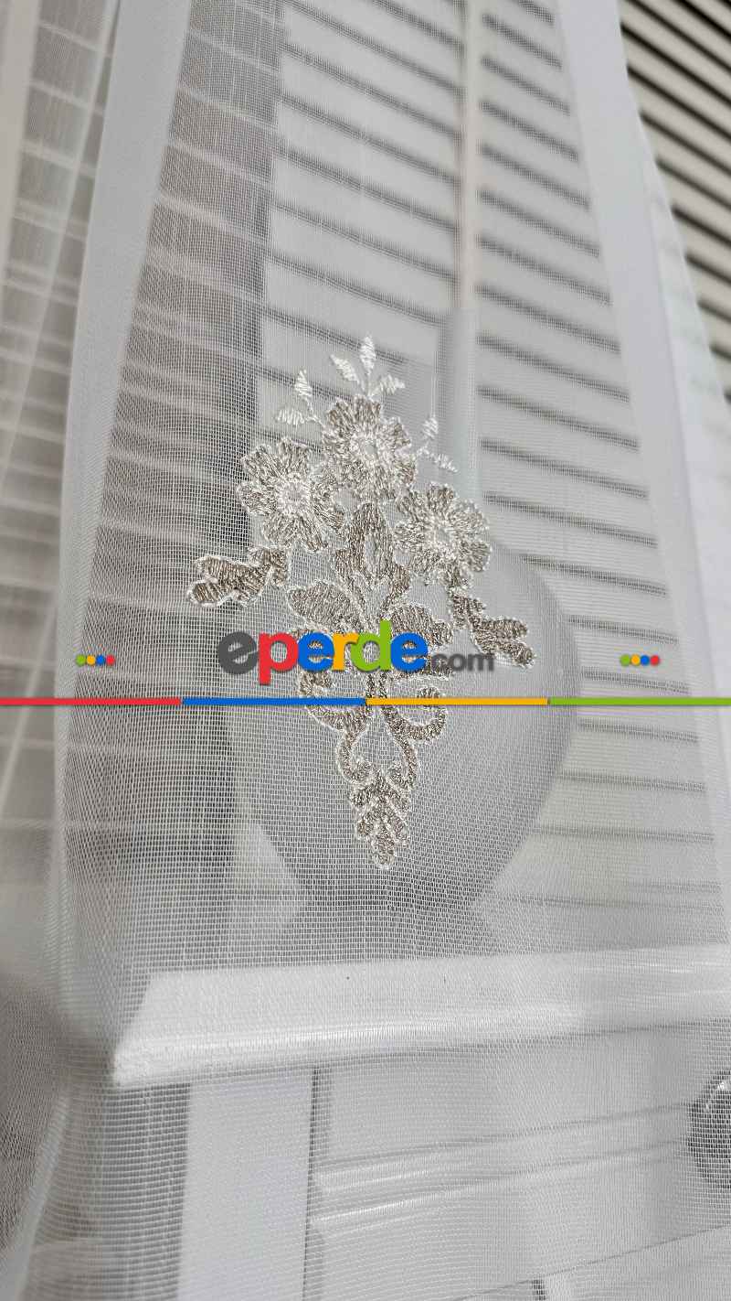 Ekru Bej Özel Dokuma, Özel İplik Brode İşlemeli Tül Perde - Ağır Gramajlı Premium Nakışlı