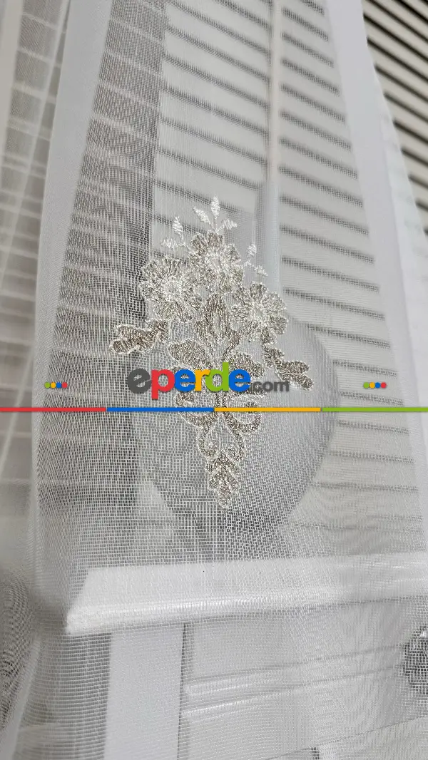 Ekru Bej Özel Dokuma, Özel İplik Brode İşlemeli Tül Perde - Ağır Gramajlı Premium Nakışlı