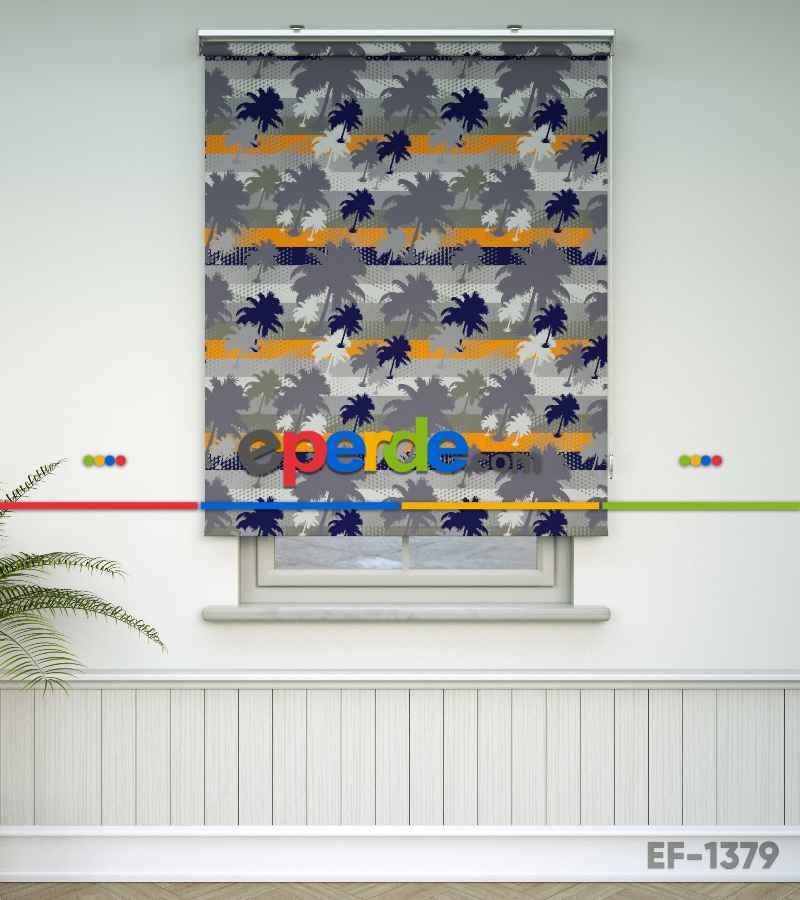 Palmiye Desenli Baskılı Stor Perde- Gri-füme-antrasit-turuncu-çok Renkli