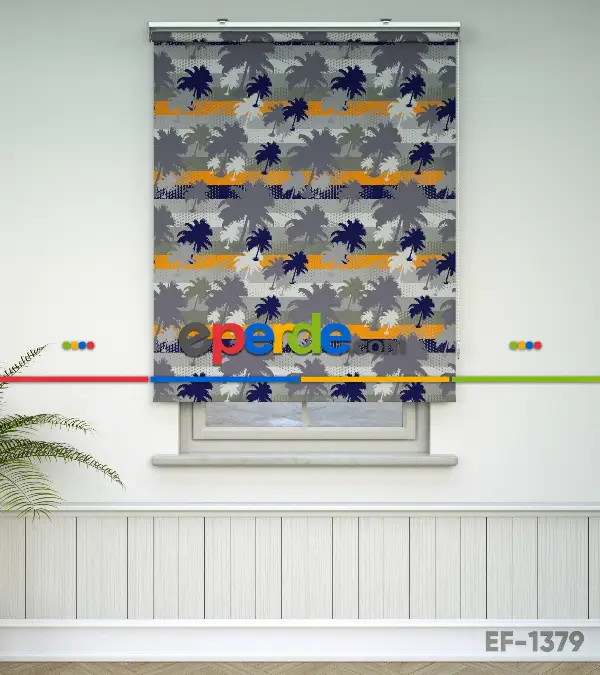 Palmiye Desenli Baskılı Stor Perde- Gri-füme-antrasit-turuncu-çok Renkli