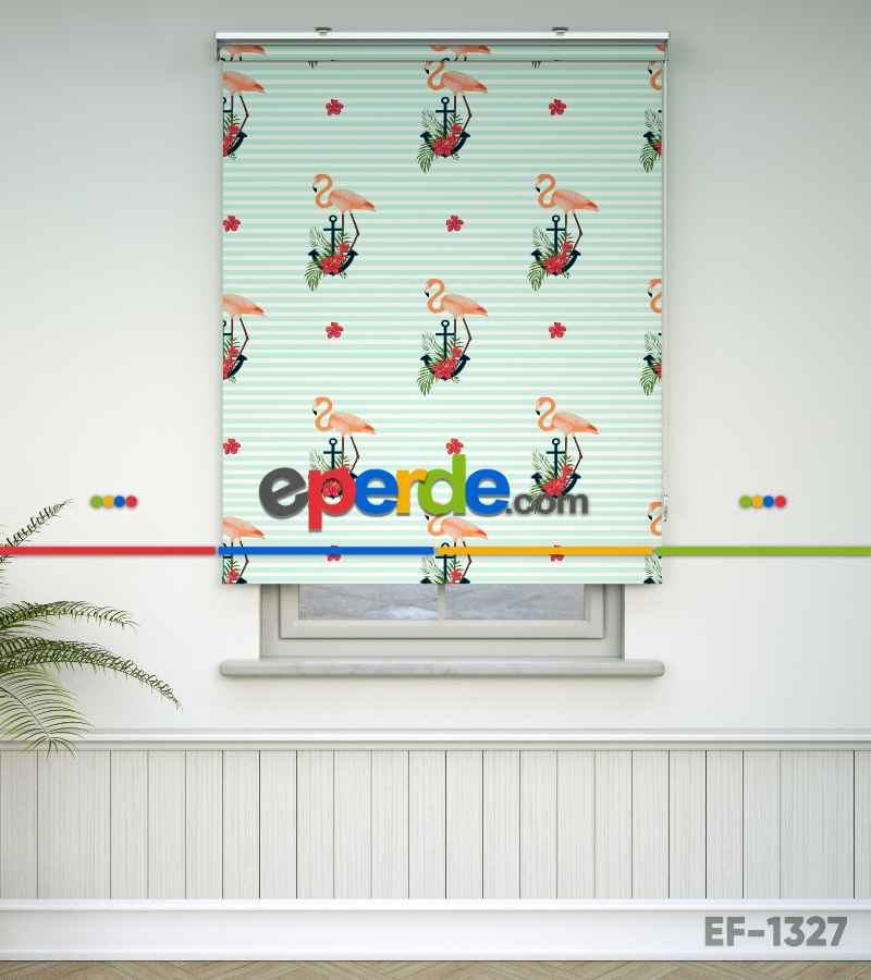 Çocuk Odası Stor Perde - Çapa Ve Flamingo Desenli Baskılı Stor Perde- Çok Renkli