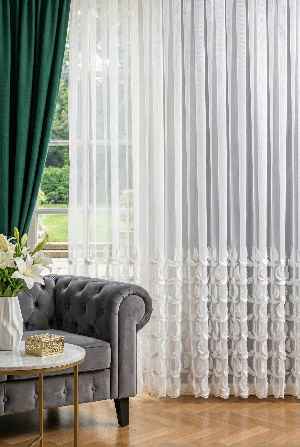 Bambu Zemin, Etek Püsküllü Tül Perde, Bambu Doğal Dokulu, Ekru