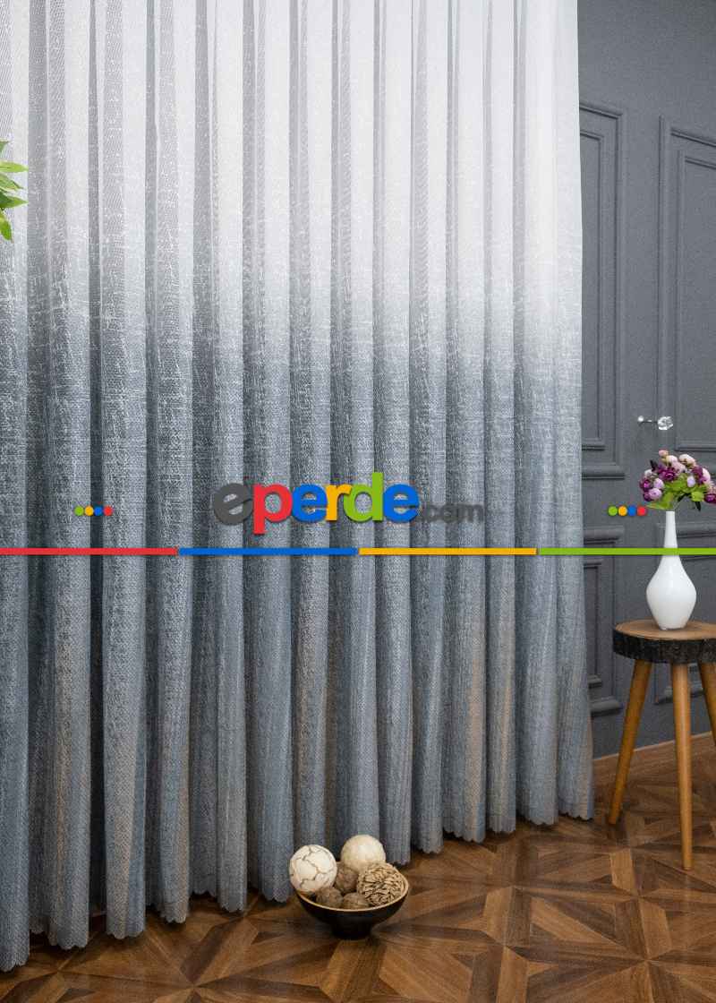 Gri Modern Degrade Geçişli Dantel Tül - Yüksek Kalite - Mavimsi Gri Damascus -