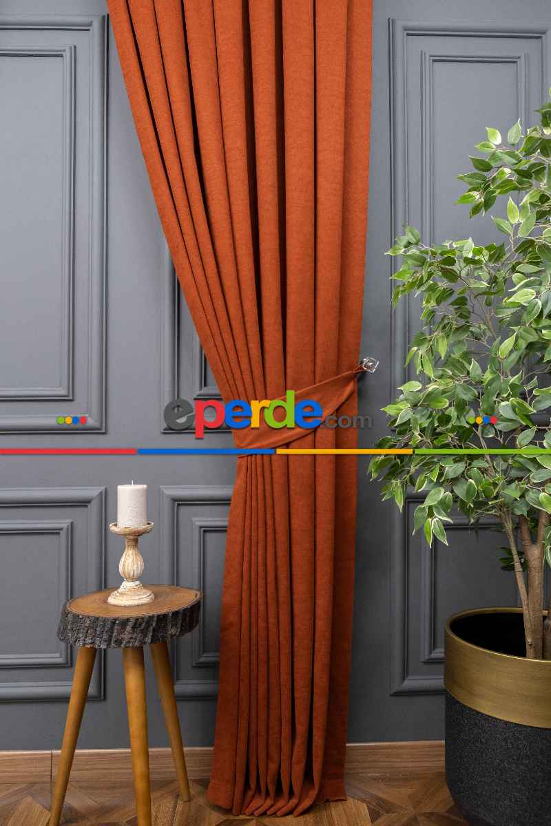 Kiremit Rengi Düz Fon Perde En Dökümlü Fon Perde