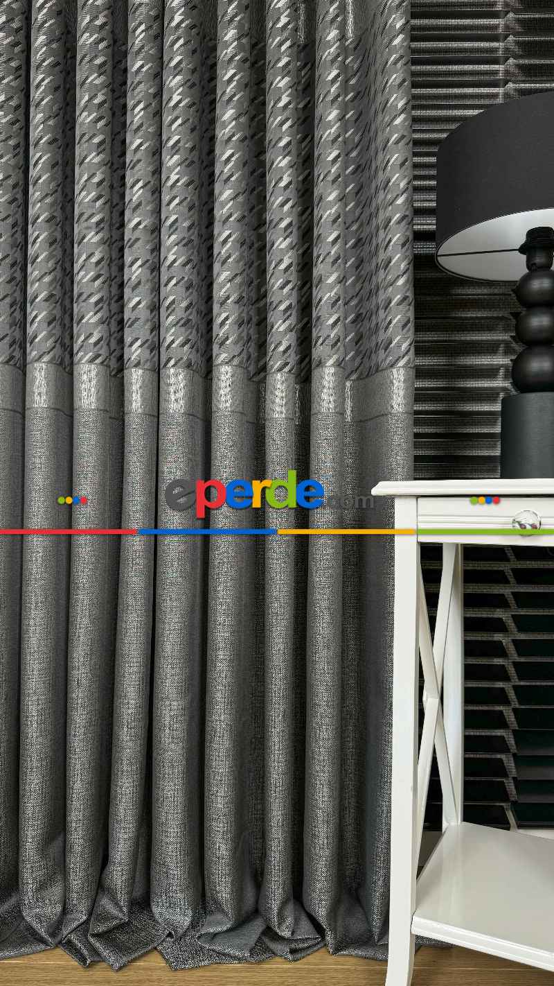 Gri Gümüş Fon Perde, Kazayağı Desenli Jakar Dokuma Pano Model