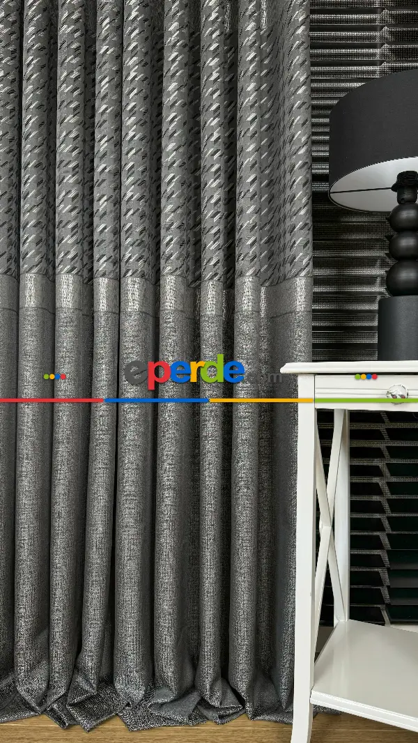 Gri Gümüş Fon Perde, Kazayağı Desenli Jakar Dokuma Pano Model