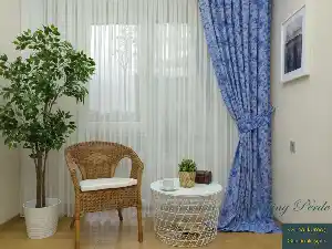 Patinedesenli Mavi - Katyonik Jakar Fon Perde- Mavi