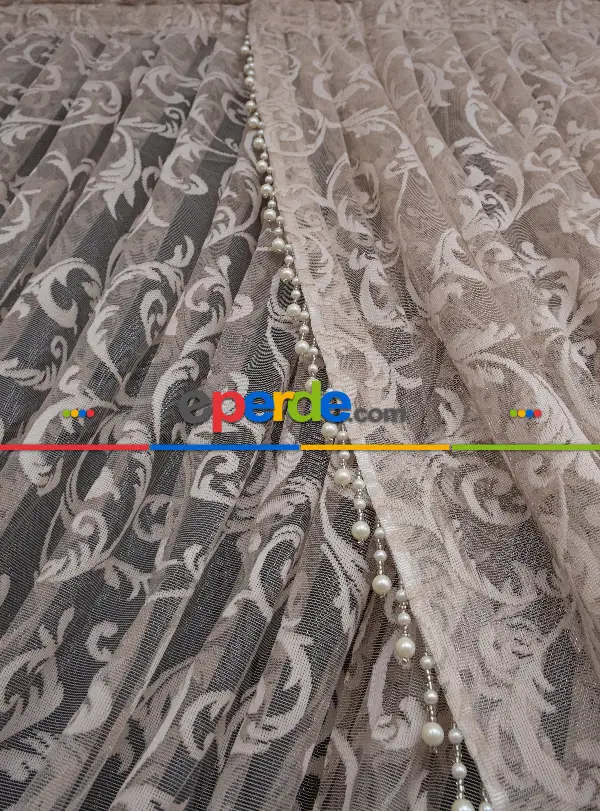 Salon Tül Modelleri - Vizon Bej Açık Kahverenk Renk Desen Şal Model Tül Kruvaze Yanki Tül