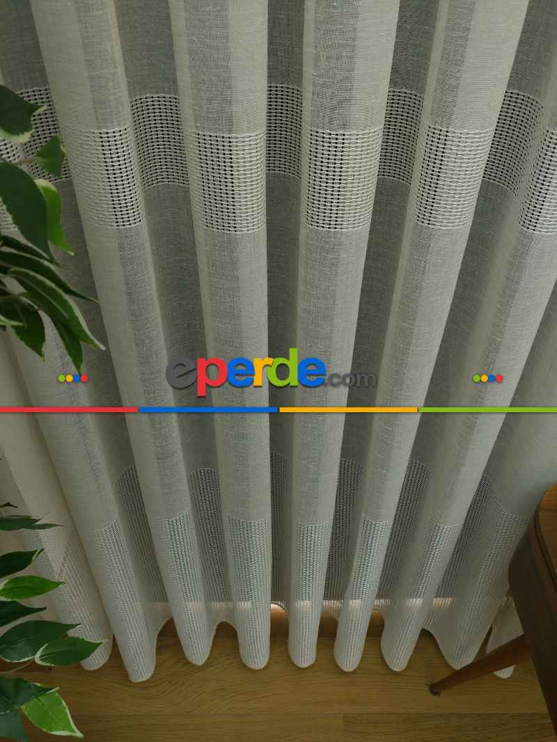 Mutfak - Bantlı Keten Doğal Tül Perde- Krem