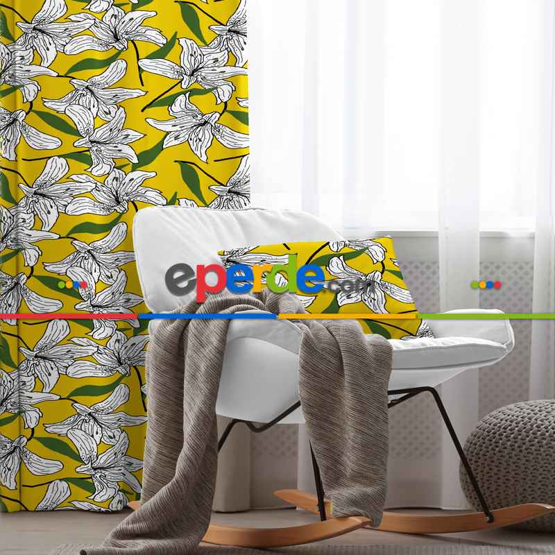 Sarı Fon Perde Evim1589 Kumaşı Kalındır Duck Bezi Değildir- Mavi-beyaz