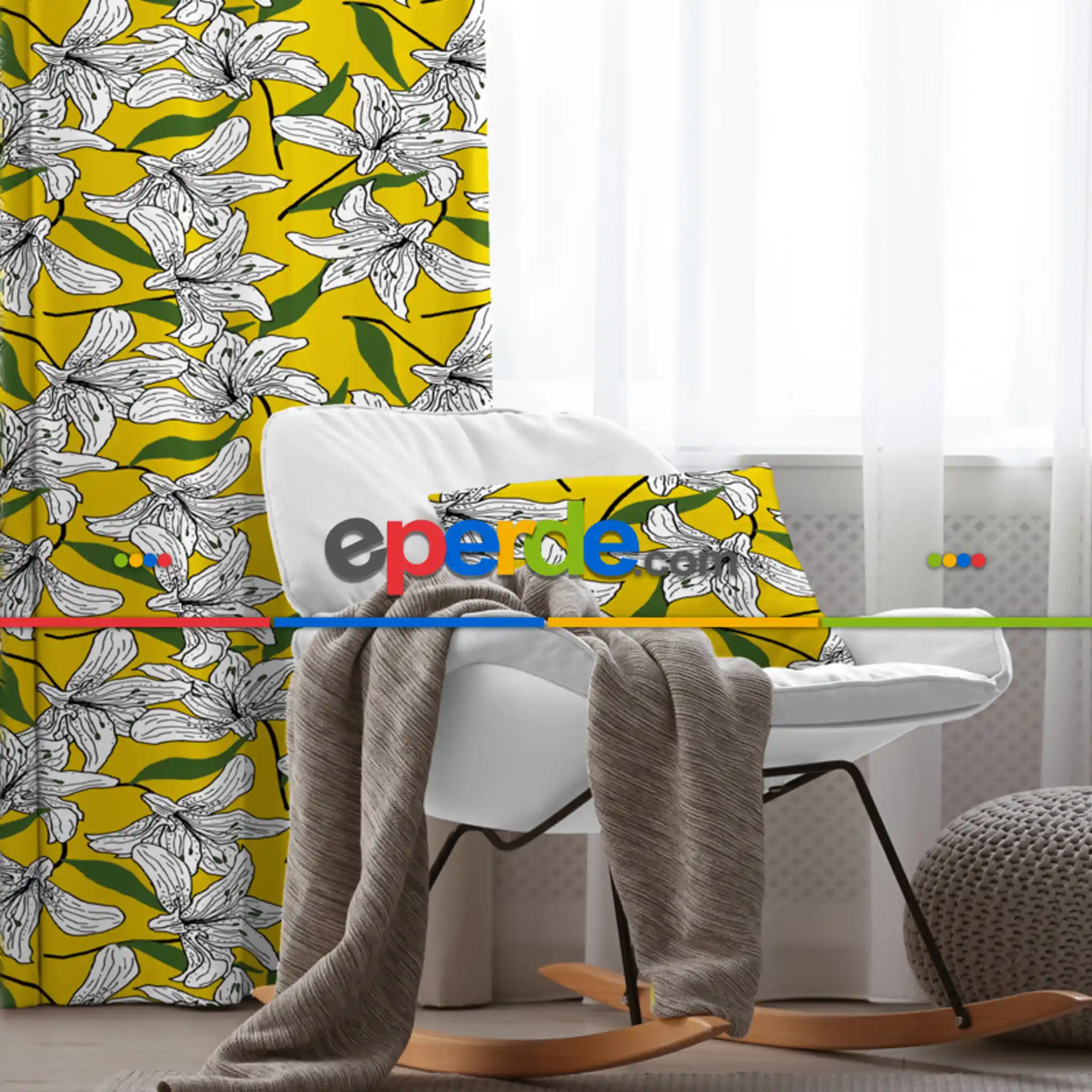 Sarı Fon Perde Evim1589 Kumaşı Kalındır Duck Bezi Değildir- Mavi-beyaz