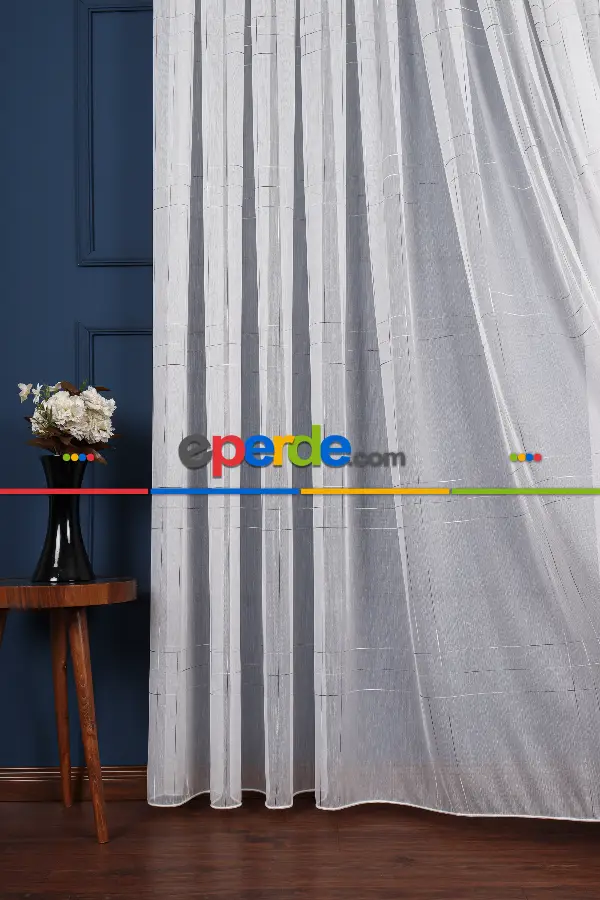 Salon Tül - Bambu Zemin Geometri Nakış İşlemeli Tül Perde