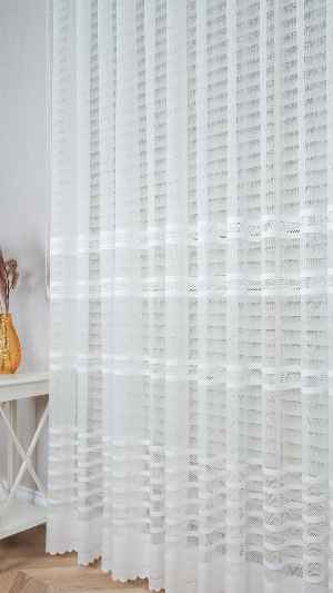 Ekru Çizgili Enine Bantlı Tül Perde, Ağır Gramajlı Premium Seri