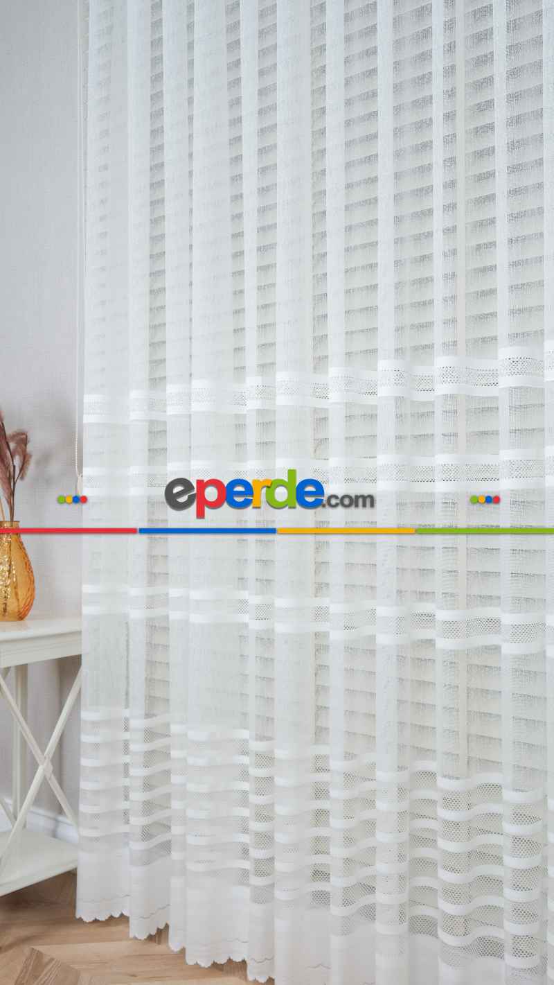 Ekru Çizgili Enine Bantlı Tül Perde, Ağır Gramajlı Premium Seri