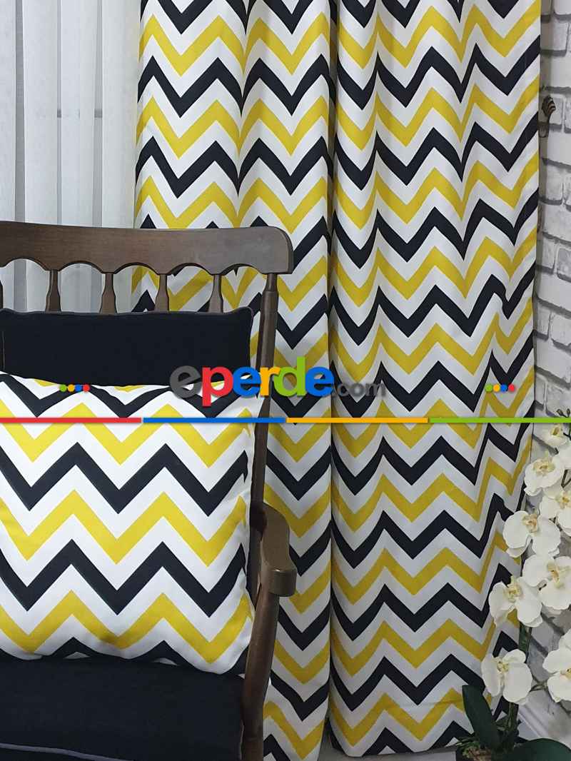 Siyah-Sarı Modern Mutfak Perdesi Kanat Fon Perde Zikzak Desenli- Siyah