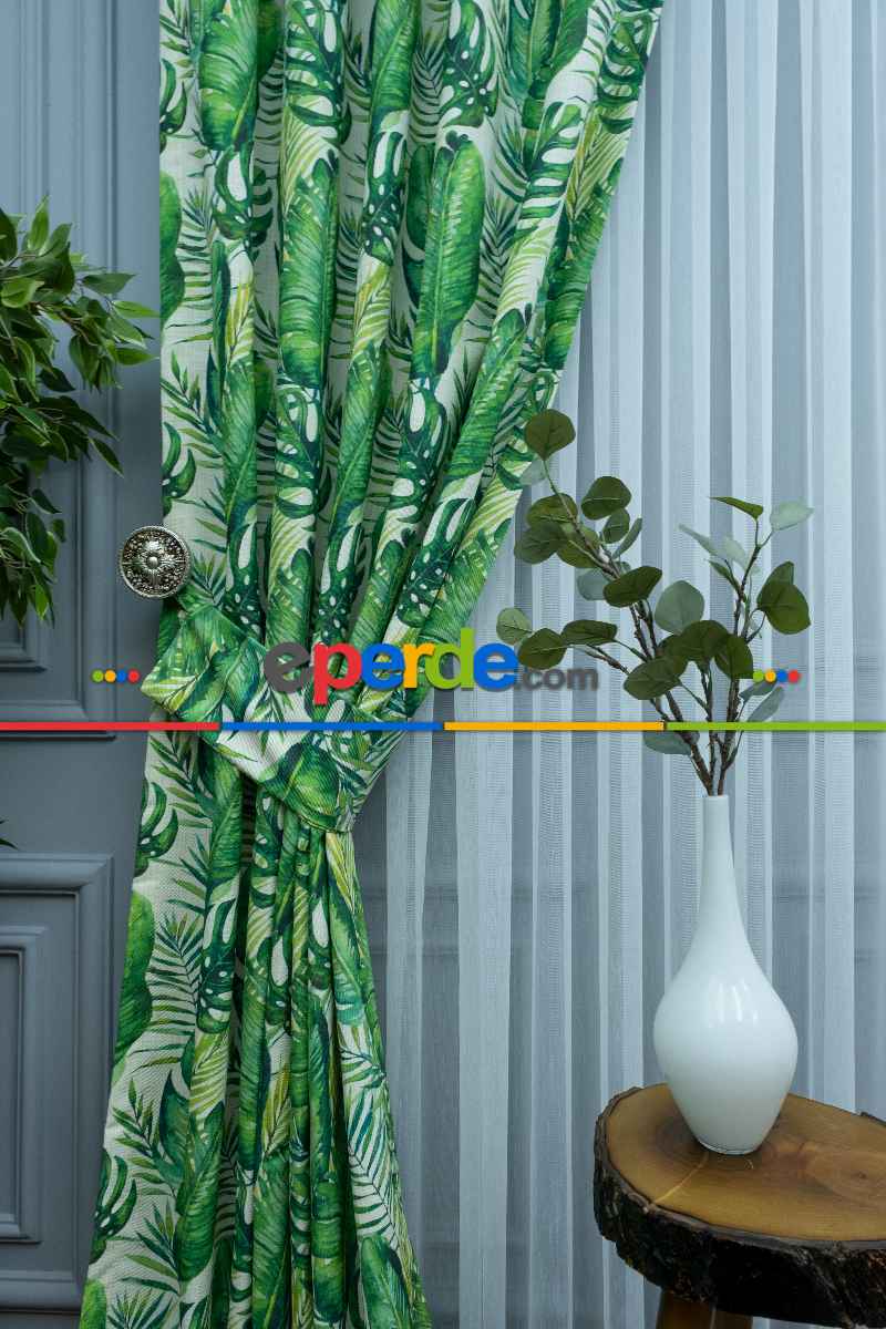 Yaprak Desenli Fon Perde Kumaşı Kalındır Duck Bezi Değildir- Yeşil-Beyaz-Açık Yeşil