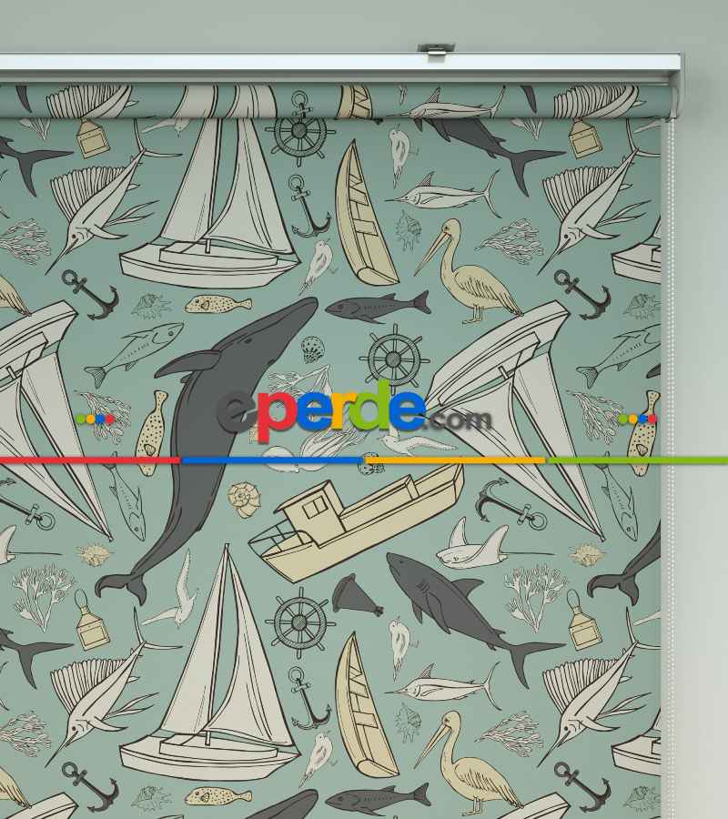 Denizci Desenli Baskılı Stor Perde- Çok Renkli