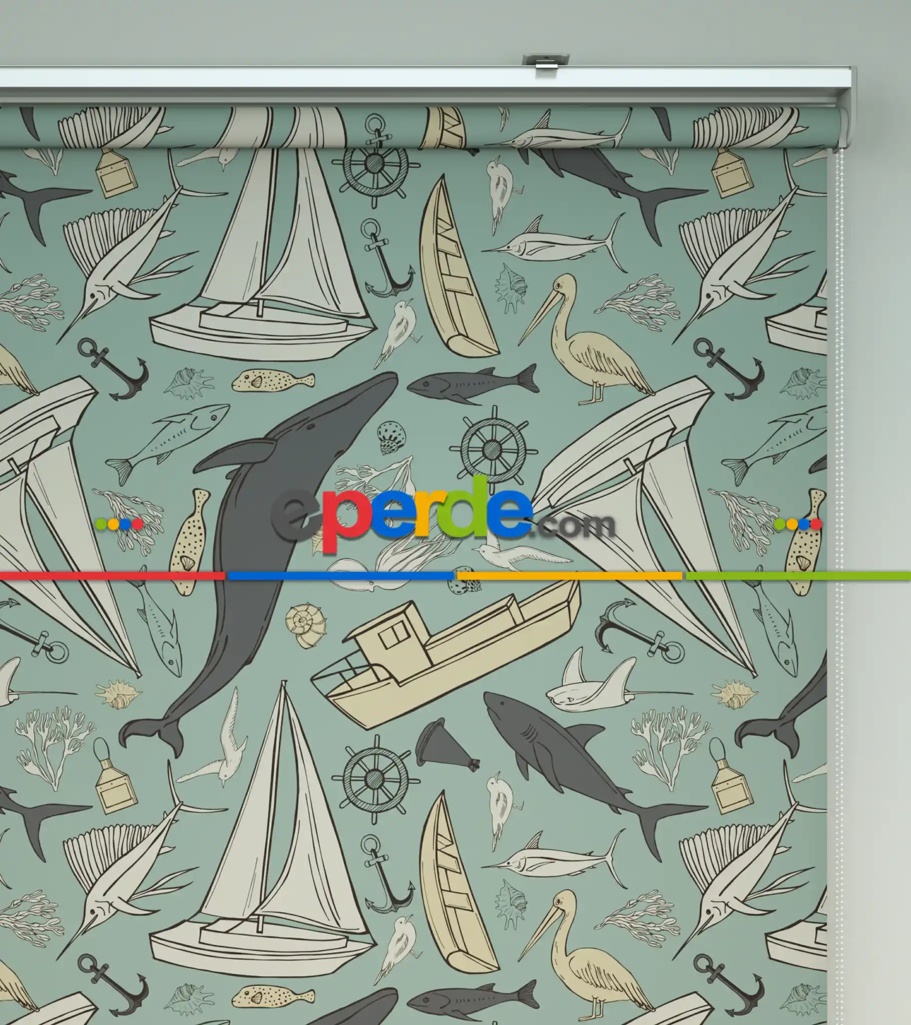 Denizci Desenli Baskılı Stor Perde- Çok Renkli