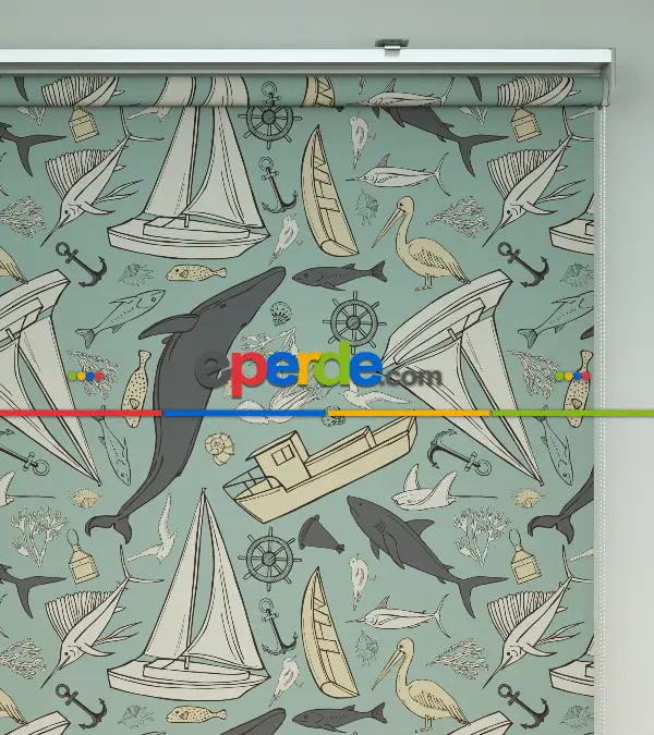 Denizci Desenli Baskılı Stor Perde- Çok Renkli