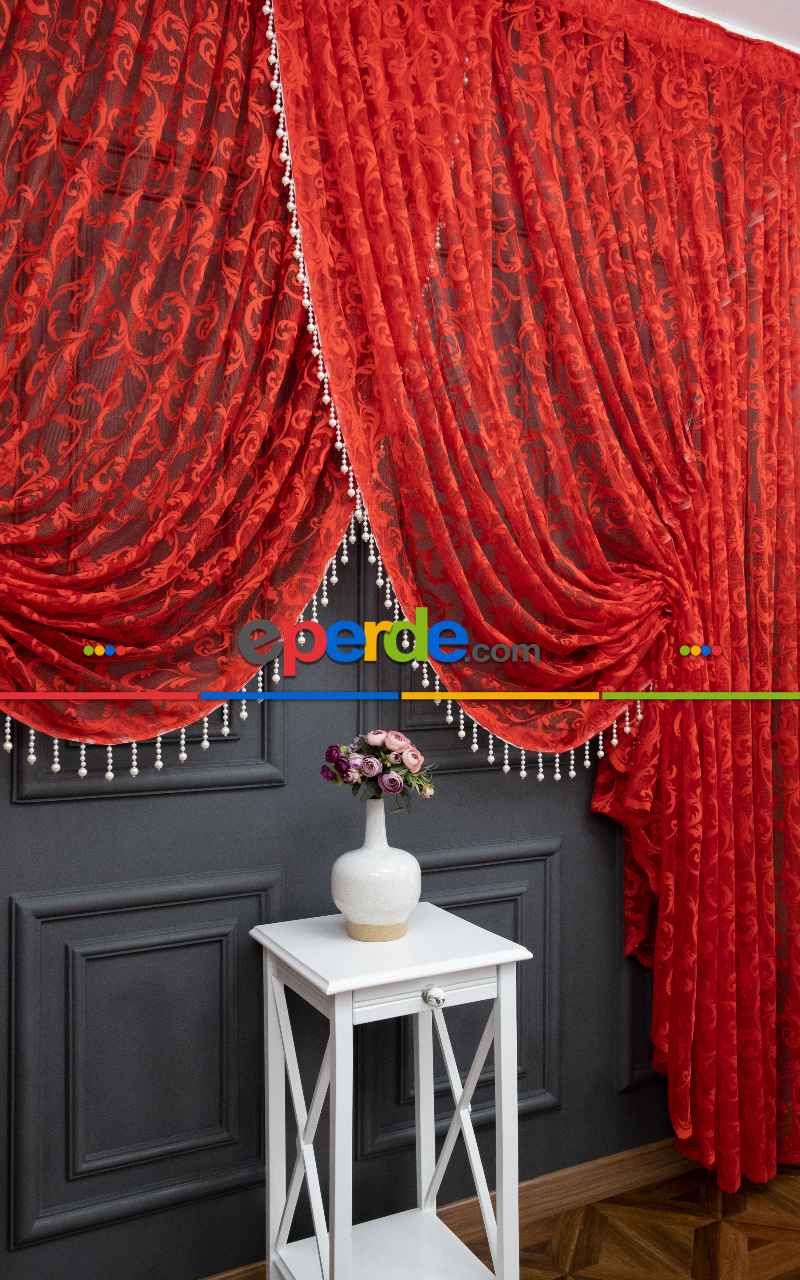 Kırmızı Tül Perde - Sarmaşık Desenli Tül - Kruvaze Model Yanki Tül Perde - Düz Model Seçeneği Var - Örme Tül