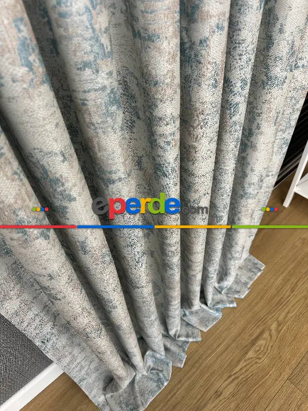 Yatak Odası - PatineDesenli Bej Turkuaz Desenli Jakar Fon Perde (180)- Turkuaz Yeşili Ara Renk