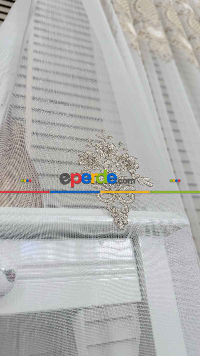 Ekru Altın Özel Dokuma, Özel İplik Brode İşlemeli Tül Perde - Ağır Gramajlı Premium Nakışlı