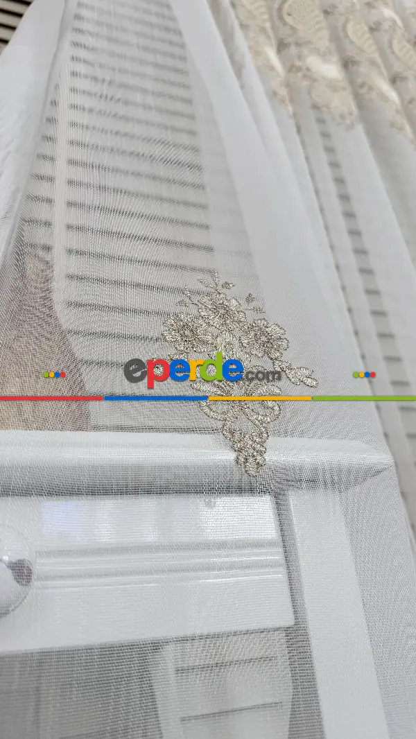 Ekru Altın Özel Dokuma, Özel İplik Brode İşlemeli Tül Perde - Ağır Gramajlı Premium Nakışlı