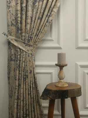 Salon - Desenli Jakar Fon Perde- Lacivert-açık Camel