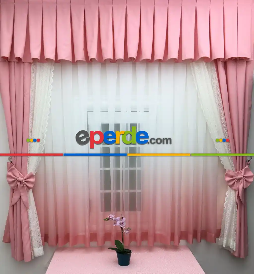 Fonlu Farbalı Tam Takım Perde - Tül Perdesi Hediyedir- Pembe-Ekru