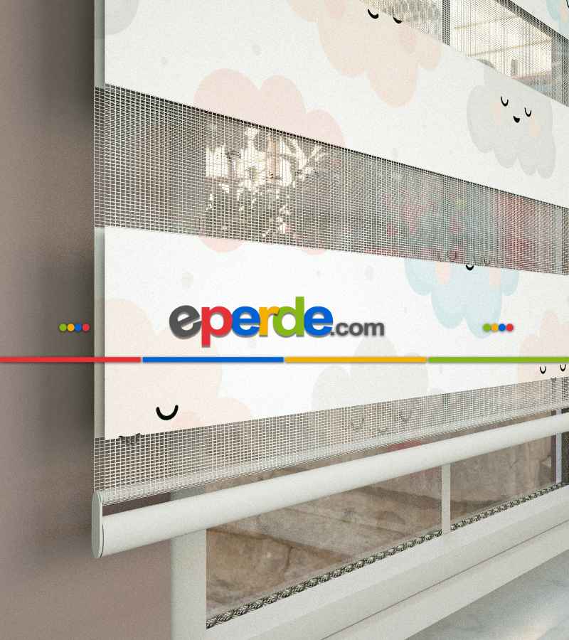 Çocuk Odası - Bulut Desenli Baskılı Zebra Perde- Çok Renkli