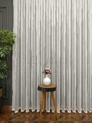 Salon Ütü İstemez - Grek Zemin Etek Ucu Nakışlı İşlemeli Tül- Ekru